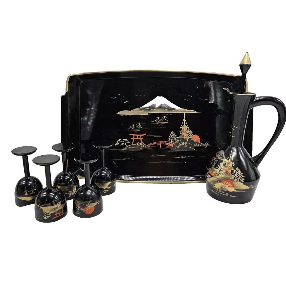 Japanese Lacquer Ware Chocolate Tea Sake Set‎ Tray Cup Pitcher Pagoda. VINTAGE
